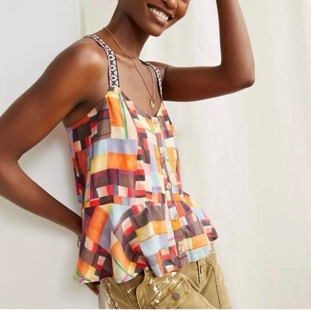 Anthropologie Pilcro Bright Colorful Geometric Racerback Top Peplum Sz M Buttons